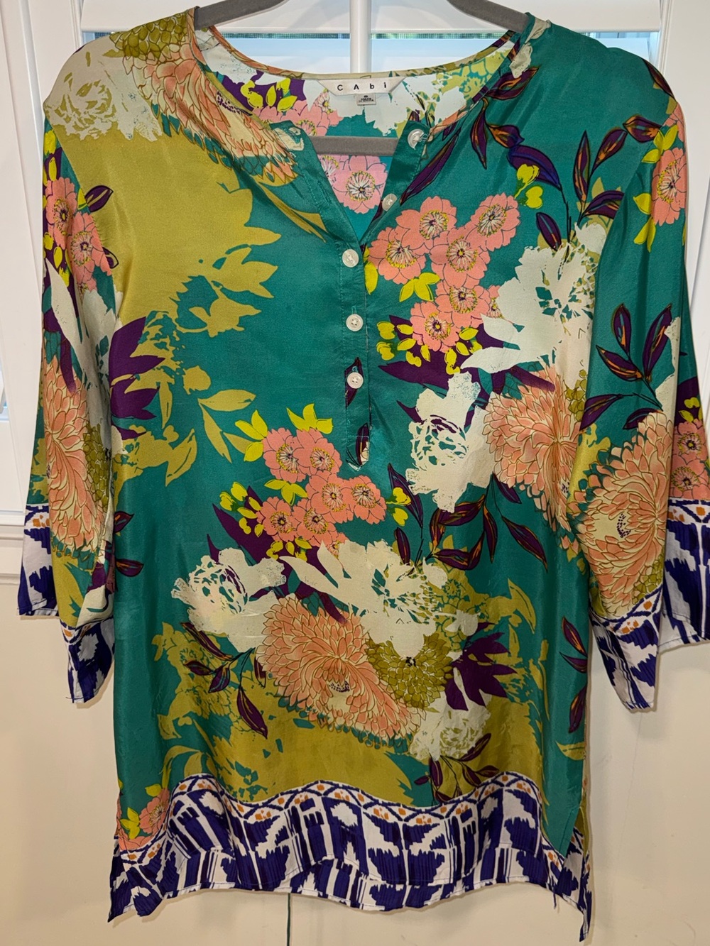 CAbi Teal Floral Button-Front Silk Tunic with blue/purple Trim